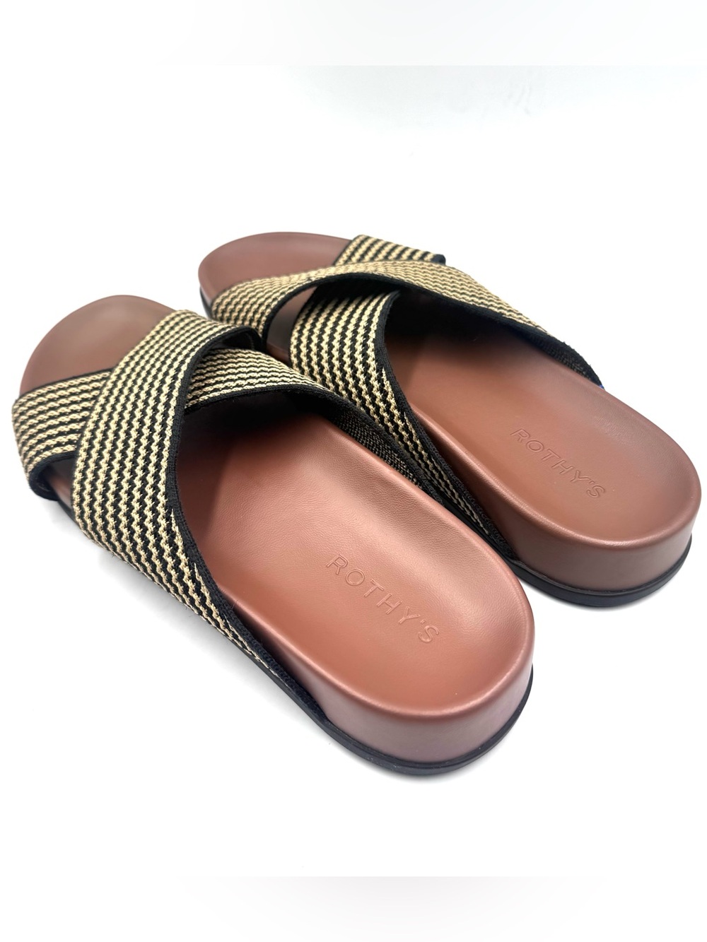 Rothys The Weekend Slide Sandstone Stripe Brown Black Knit Sandals Womens 9.5